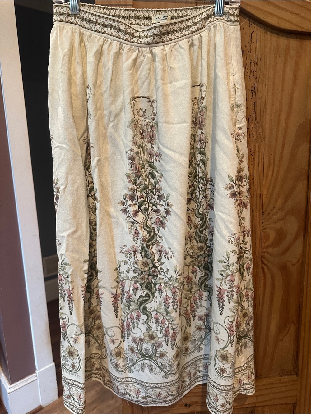 Max Studio Cream Floral Border Maxi Skirt with Green and Pink Accents